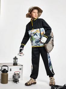 SHEIN 2pcs Tween Boy Contrast Color Printed Mountain Design Zipper Closure Warm Outdoor Top & Pants Sports Set