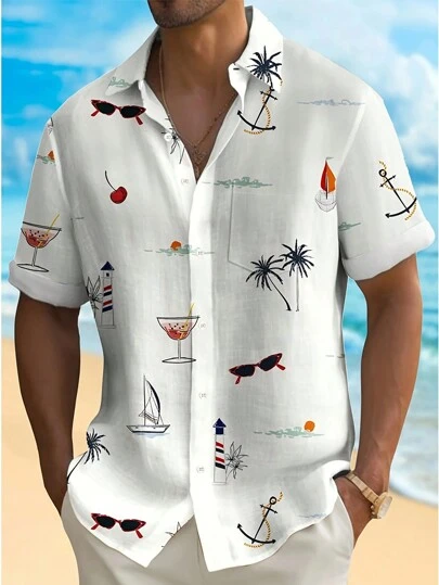 Men's Printed Single-Breasted Short-Sleeved Shirt For Summer