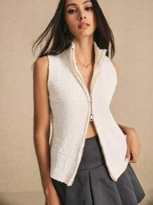 Poéselle Chaleco de punto con cierre de cremallera de unicolor para mujer, para otoño e invierno FW24 - Gris Claro - Ver 1