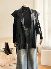 SHEIN Frenchy Plus Size Women's PU Vest Casual Blazer Jacket, New Autumn Minimalist Office Style, For Winter - Black - View 6