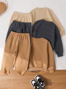 6 piezas Conjunto informal de sudadera y pantalón de chándal suelto con estampado de letra de unicolor para niña joven