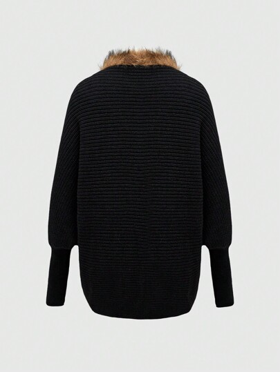 Grunge Punk Vintage Y2K Boxy Cardigan With Fluffy Collar & Batwing Sleeves For Women