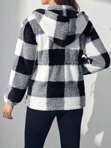 SHEIN Maternity Buffalo Plaid Print Hooded Flannel, Hooded Flannel Jacket, For Winter - Black and White - View 2