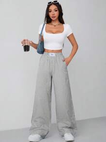 SHEIN PETITE Blauwe geweven, met garen geverfde gestreepte broek voor dames