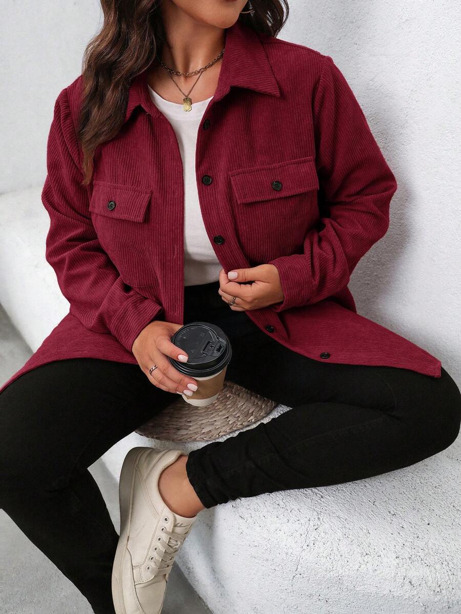 SHEIN LUNE Plus Size Casual Button Up Long Sleeve Jacket, Autumn Winter Fall - Burgundy - View 1