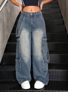 SHEIN Teen Girl Vintage Loose Fit Blue Denim Wide Leg Cargo Pants - Medium Wash - View 3