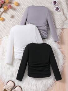 SHEIN Leap Crew 3pcs Solid Color Ruched Neck Fitted Casual T-Shirts Set For Young Girls - Multicolor - View 2