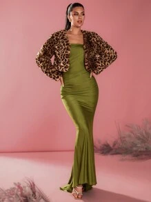 Glamine 女士豹纹长袖蓬松短夹克，冬季 - 棕色 - 查看 4