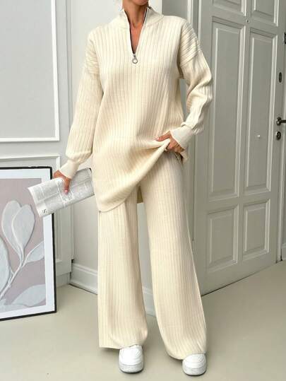 EURMUSE 2pcs White Long Sleeve Half Zip Sweatshirt & Textured Vintage Casual Knitted Suit