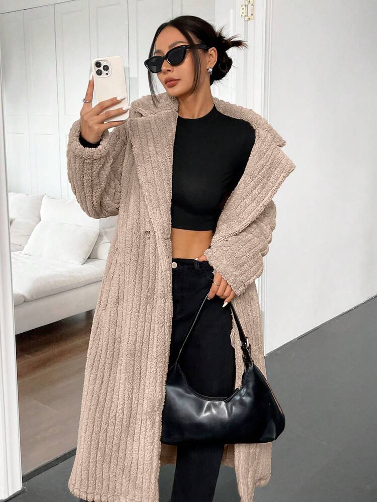 SHEIN EZwear Áo khoác Tan Fluffy dành cho nữ - Màu Khaki - Xem 4