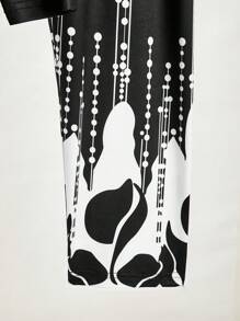 SHEIN LUNE 2pcs Setelan Kasual Wanita Motif Tanaman Musim Semi dan Gugur Atasan Lengan Panjang Leher Bulat dan Celana - Hitam dan Putih - View 6
