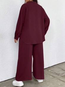 Elenzga 2pcs Plus Size Solid Color Buttoned Front Long Sleeve Top And Knot Detail Long Pants Casual Outfit Fall Cloth For Women