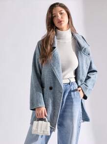 RueChic Lapel Neck Drop Shoulder Buttoned Coat - Beige - View 1