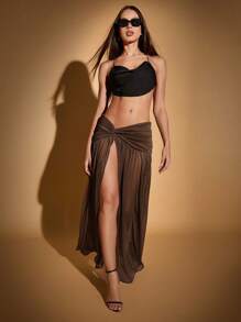 Hauture 正面饰有结饰的高开叉长裙 - 棕色 - 查看 7