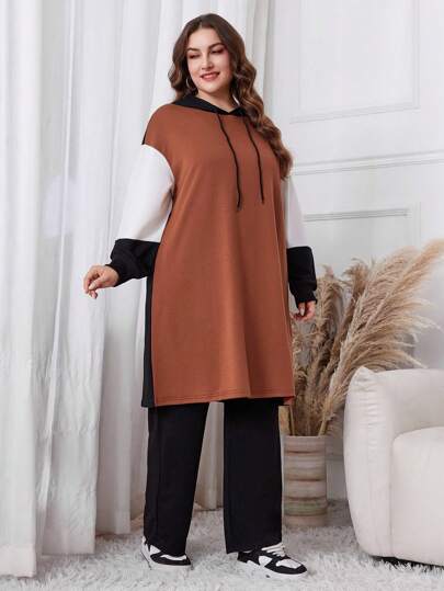 Mulvari 加大码纯色拼布长袖连帽衫和裤子 2 件套