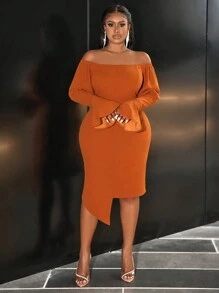 Slaydiva Plus Size Women's Elegant Sexy Off-Shoulder Ruffled Sleeve Solid Color Bodycon Dress - Rust Brown - View 6