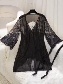 SilkySpell Conjunto De Vestido De Tirantes Y Bata Con Perspectiva De Malla Y Encaje Sexy Para Mujer - Negro - Ver 9