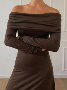 DAZY Vestido largo de manga larga con hombros descubiertos y unicolor que estiliza la figura, vestido de ropa de otoño - Marrón - Ver 4