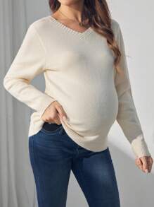 SHEIN V-Neck Long Sleeve Maternity Top With Ruffle Trim, For Winter - Apricot - View 3