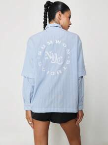 SUMWON WOMEN Street Double Layer Pinstripe Shirt With Embroidered Design