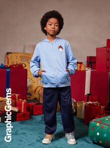 2pcs/Set Tween Boys Christmas Hooded Sweatshirt Hoodie And Cuffed Sweatpants Outfit