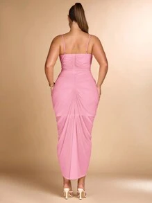 SHEIN BAE Plus Size Women Fitted Ruched Bust Elegant Dress With Ruffled Front Detail - Pink - View 2