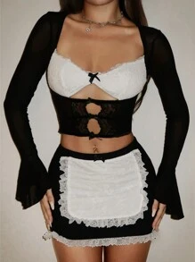 SHEIN ICON 性感万圣节服装护士服女仆装女式网眼长袖撞色蕾丝上衣和低腰中长黑裙套装