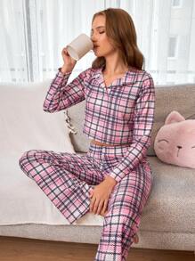 RueChic 2Pcs   Plaid Printed V-Neck Homewear Lounge Set - Multicolor - View 4