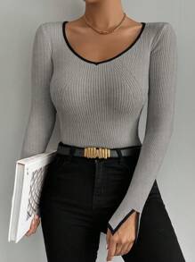 Chiquease 黑色饰边袖口开衩休闲修身女式毛衣、长袖上衣