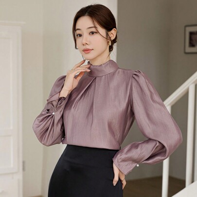 여성 솔리드 컬러 러플 넥 퍼프 슬리브 블라우스, 가을 의류