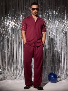 Manfinity VCAY Men's Knitted Fashion Daily Young Casual Gorgeous Loose Ribbed Short-Sleeved Shirt Elastic Waist Trousers Set Two-Piece Set Men Shirt Co-Ords - Green - View 4