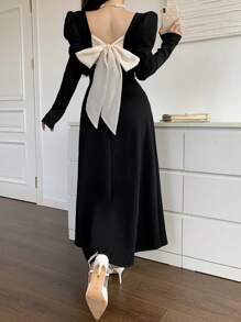 Modelyn Women's Elegant Mid-Length Black Dress With Bowknot Decor & Gigot Sleeve, Autumn & Winter Long Evening Dresses - Multicolor - View 3