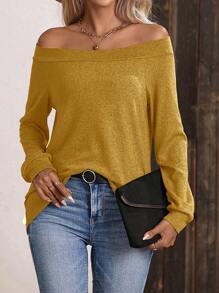 SHEIN LUNE 女士纯色露肩插肩袖休闲 T 恤，春秋季 - 黃色 - 查看 3