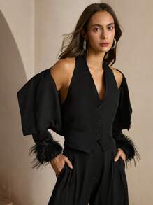 Anewsta Women's Elegant Feather Patchwork Design Set - Black - View 1