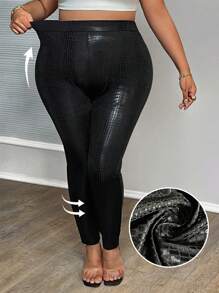 SHEIN CURVE+ 大码 PU 皮裤，适合派对、约会和圣诞节场合、秋冬季 - 黑色 - 查看 8