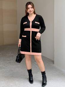 Dazy Petite Plus Plus Size Colorblock V-Neck Elegant Long Sleeve Knitted Sweater Dress,Fall Clothes
