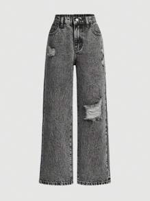 SHEIN Tween Girl Ripped Distressed Elastic Waist Comfortable Denim Jeans - Dark Grey - View 1