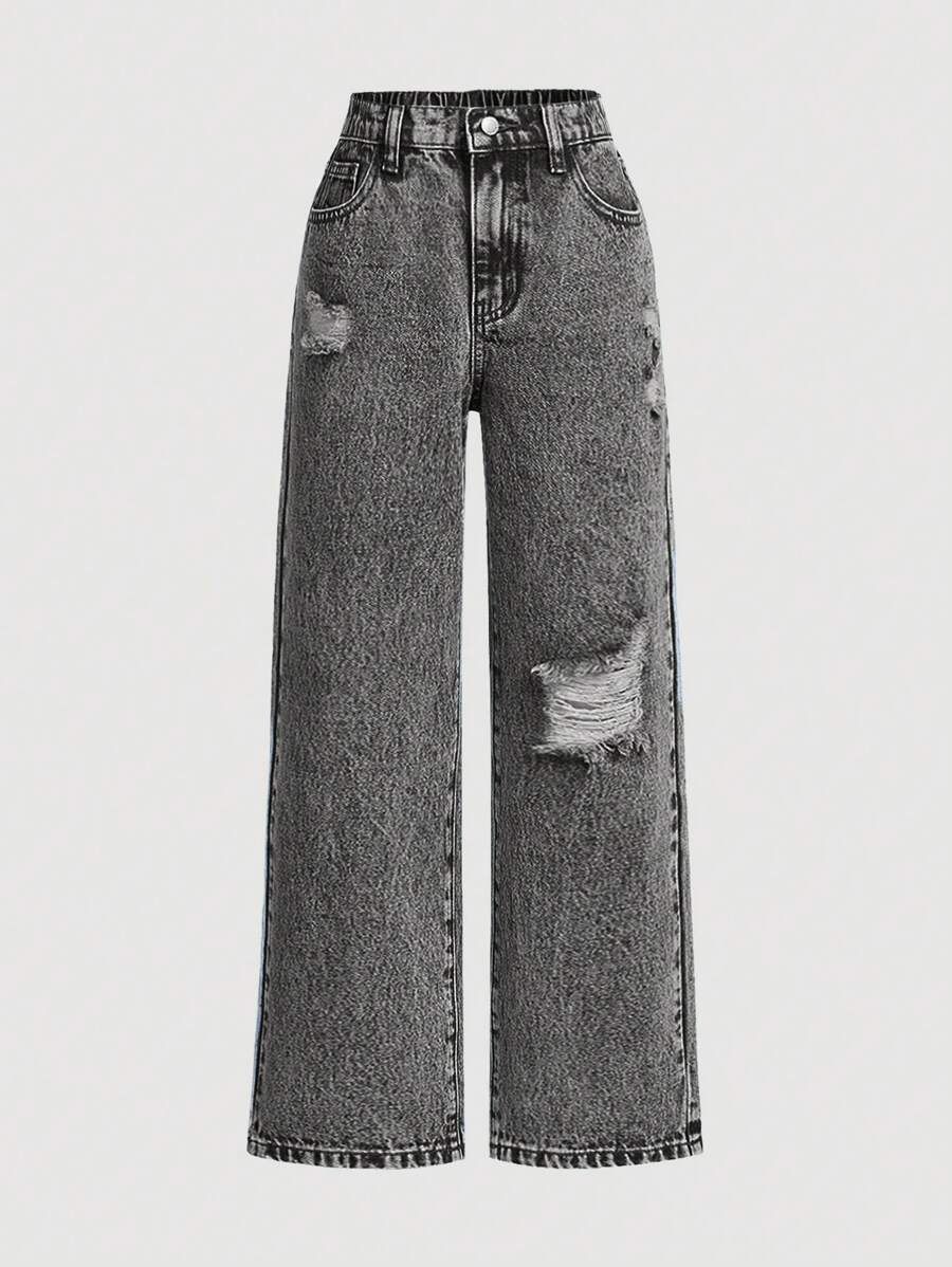 SHEIN Tween Girl Ripped Distressed Elastic Waist Comfortable Denim Jeans - Dark Grey - View 1