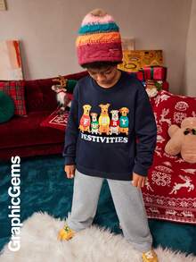 2pcs/Set Tween Boys Christmas Dog Sweatshirt Hooded Sweatshirt And Wide-Leg Sweatpants Set, Adjustable Hem