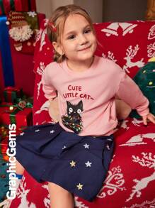 年轻女孩可爱的黑猫彩色灯光圣诞运动衫、秋装