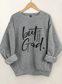 SHEIN LUNE Bluza damska w dużym rozmiarze z okrągłym dekoltem i długim rękawem, z nadrukiem w litery, na jesień i zimę - Szary - Zobacz 1