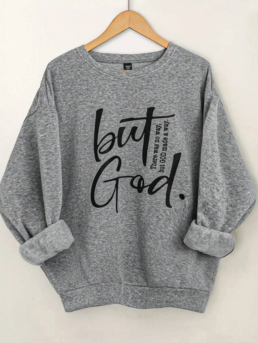SHEIN LUNE Bluza damska w dużym rozmiarze z okrągłym dekoltem i długim rękawem, z nadrukiem w litery, na jesień i zimę - Szary - Zobacz 1