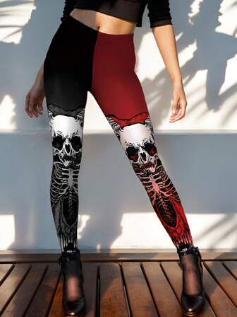 女士万圣节拼色骷髅印花紧身裤 Y2K 风格