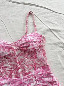 Soleia Đầm suông hở vai phối lưới hoa cổ điển, viền nhún bèo, co giãn, thoải mái khi đi nghỉ cho nữ - Hồng - Xem 3