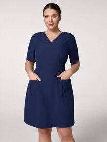 TaskEZ 大码女式夏季纯色 V 领短袖口袋休闲连衣裙护士服制服连衣裙 - 藏蓝色 - 查看 4