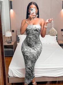 SHEIN Clasi 1 件女式夏季大理石印花修身吊带背心连衣裙（印花随机搭配）长款女装