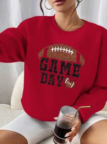 INAWLY 女款超大落肩足球比赛日印花运动衫 - 紅色 - 查看 1