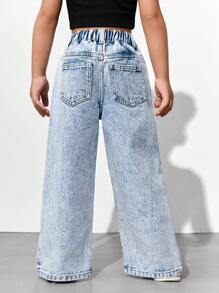 SHEIN Explorewe Jeans de pierna acampanada casual con lavado claro y dobladillo con abertura lateral para niña