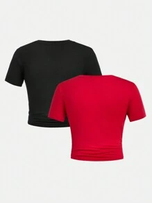 SHEIN Girlism 2pcs/Set Tween Girl  Casual Minimalist Spider Print Crew Neck Short Sleeve Fitted T-Shirt - Red - View 2