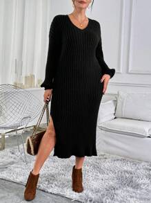 SHEIN Clasi Plus Size Lantern Sleeve Long Ribbed Sweater Dress - Black - View 1